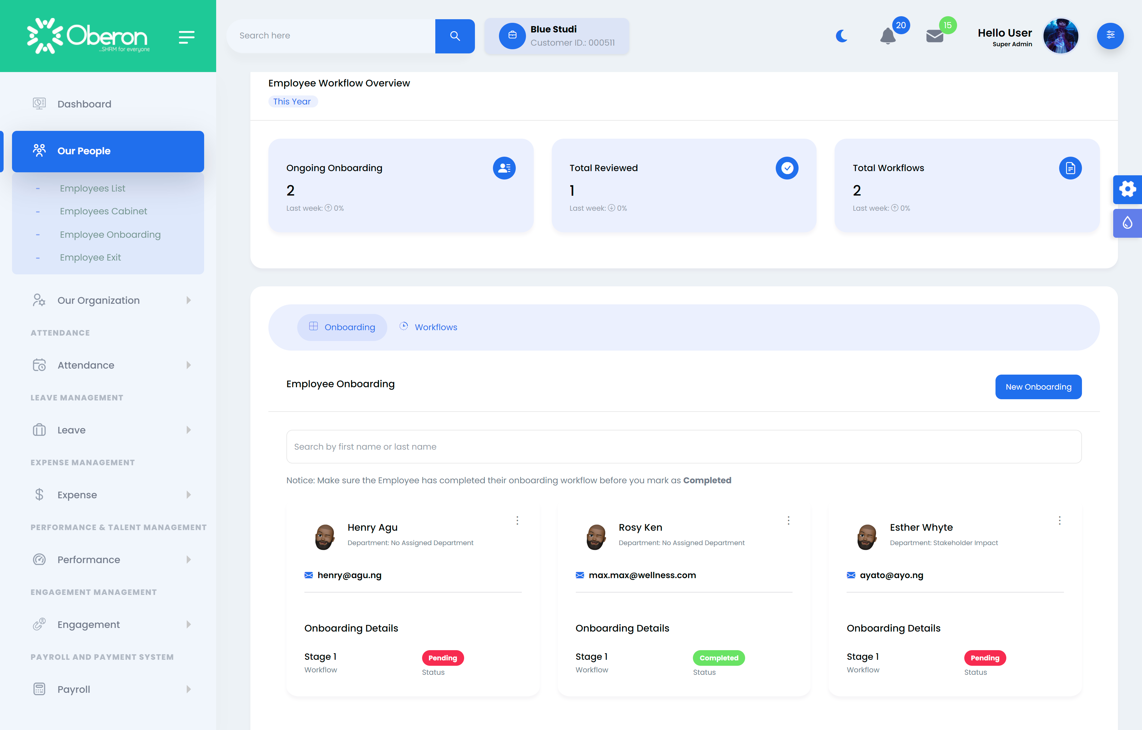 Screenshot of the Oberon SHRM administrative dashboard